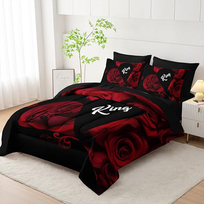 7 Piece Red and Black Rose King Comforter Set，King Quilt Bedding Set Rose，(1 Comforter, 1 Flat Sheet, 1 Fitted Sheet, 2 Pillowcase and 2 Pillow Sham)