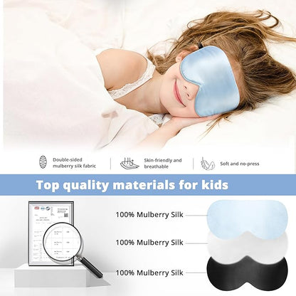 Kids Sleep Mask Eye Cover, 100% Real Natural Pure Silk Eye Mask with Adjustable Strap, Blindfold Kids Eye Mask for Sleeping, Eye Shade for Boys Girls and Adult, Pressure-Free Comfort (Blue)