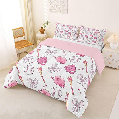 Castle Fairy Baseball Bow Comforter Set King Size,Pink Bowknot Bedding Sets 3Pcs for Kids Girls Boys Women Room Decor,Baseball Bat and Cap Duvet Insert Cute Girly Sports Down Comforter,2 Pillowcases