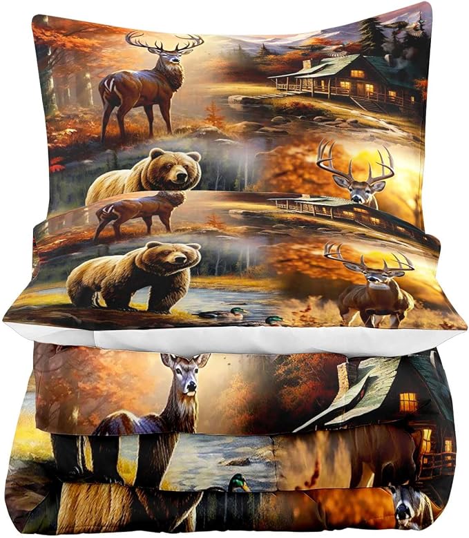 LUVIVIHOME 3PCS Bear Deer Comforter Set Full Size, Elk Moose Mallard Duck Autumn Woodland Forest Animal Wildlife Hunting Camo Hunter Country Lodge Rustic Farmhouse Cabin Bedding Sets, 2 Pillow Shams