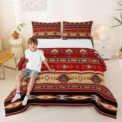 Aztec Bedding Set Ethnic Tribal Arrow Queen Comforter Set,Vintage Southwestern Native Bohemian Quilt,Western Star Duvet Insert Exotic Geometric Diamond Stripes Room Decor,Red and Black