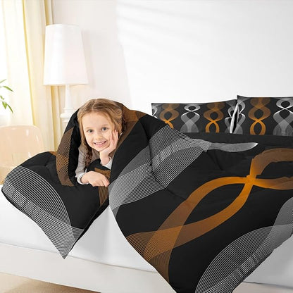 Erosebridal Orange and Black Queen Comforter Set, Orange Striped Abstract Bedding Set, Geometric Stripes Artistic Wavy Line Comforter for Women Men Teens Bedroom, Contemporary Boho Modern Art Quilt