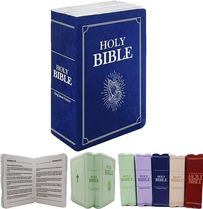 Bible Pillow Book Plush That Opens, Christian Holy Bible Stuff Religious Party Favors Gifts, Room Decorative Pillow for Bedroom Living Room (Blue)