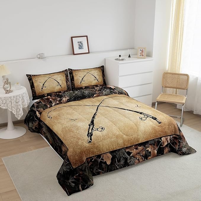 Erosebridal Rustic Fishing Toddler Comforter Set Gifts for Kids Boys Men Women,Retro Camo Fishing Rod Bedding Set Country Farmhouse Lake Cabin Quilt Bedding Sets Tree Branch Camouflage Bed Set 2 Pcs