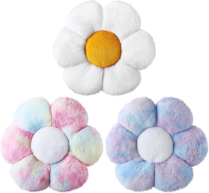 Sratte 3 Pcs Flower Pillows Flower Shaped Throw Pillows Cute Daisy Plush Pillow Decorative Floor Pillow Seat Cushion for Bedroom Home Sofa Chair Couch Decor(Dazzling Color,White,16")