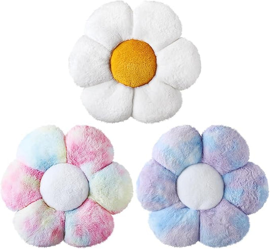Sratte 3 Pcs Flower Pillows Flower Shaped Throw Pillows Cute Daisy Plush Pillow Decorative Floor Pillow Seat Cushion for Bedroom Home Sofa Chair Couch Decor(Dazzling Color,White,16")