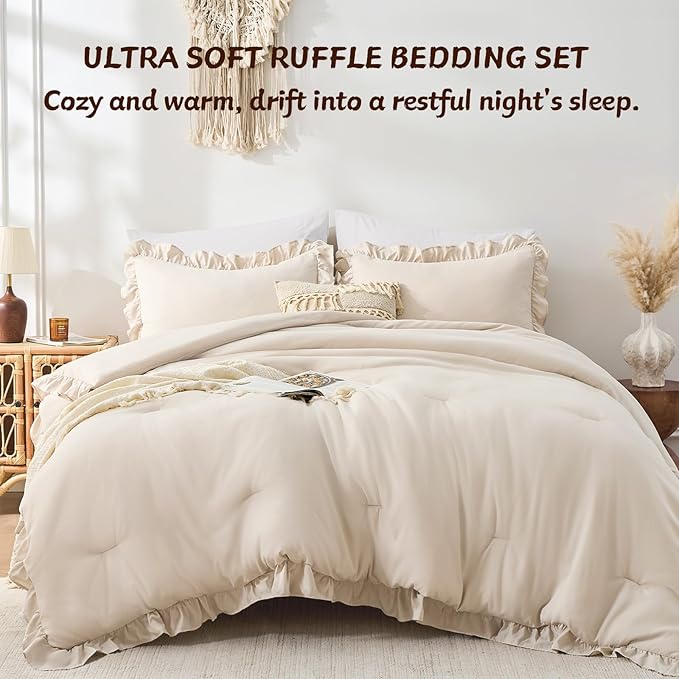 FUANNA Full Size Comforter Sets Beige, 3 Pieces Ruffle Full Size Bedding Sets, Fluffy Bed in a Bag Full for All Seasons, Shabby Chic Full Bed Set with 1 Lightweight Comforter & 2 Pillowshams