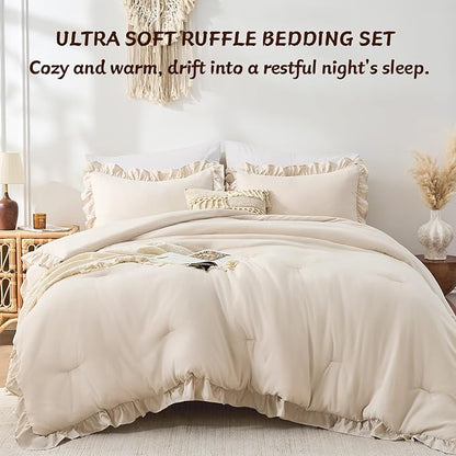 FUANNA King Size Comforter Set Beige, 3 Pieces Ruffle King Bedding Set, Fluffy Farmhouse Bed in a Bag King with 1 Lightweight Comforter & 2 Pillowshams