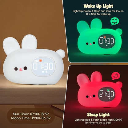Bunny Alarm Clock with Night Light for Kids with Sleep Training and Sound Machine, Rechargeable Silicone Lamp OK to Wake Clock，Cute Animal Tabletop Lamp, Perfect Sleep Companion for Boys Girls
