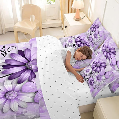 Feelyou Purple Floral Comforter Set with Sheets 7 Piece King Size Daisy Blossom Flowers Pattern Bedding Set for Kids Boys Girls Abstract Geometric Art Bed in a Bag Room Decor Microfiber