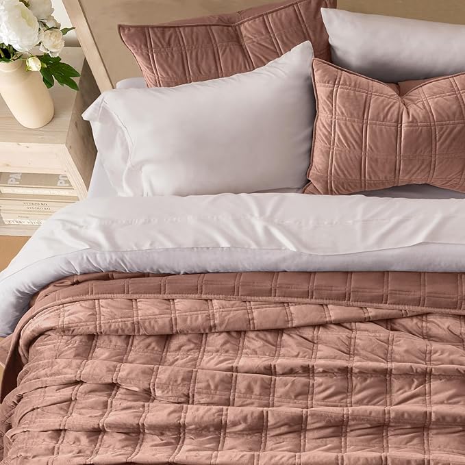 EVERGRACE 3 Pieces Luxurious Velvet Quilt Queen Size, Ultra Soft Bedspread Coverlet Set, Double Box Stitch Lightweight Velvet Comforter for All Season with 2 Shams, Terracotta Clay, 108"x96"