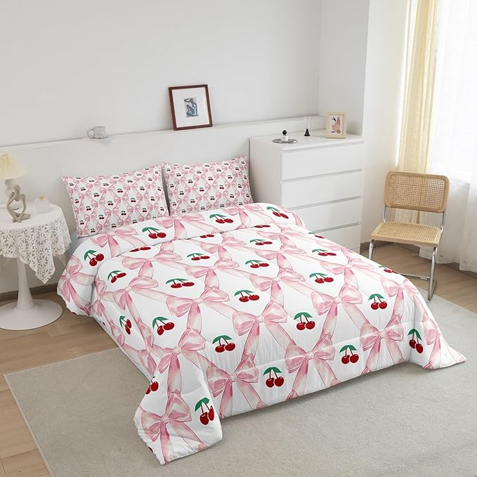 Erosebridal Cherry Bow Comforter Set for Girls,Cute Kawaii Bowknot Twin Bedding Set for Kids Teen Women,Pink Girly Bow Down Comforter Geometric Ribbon Bow Bed Set