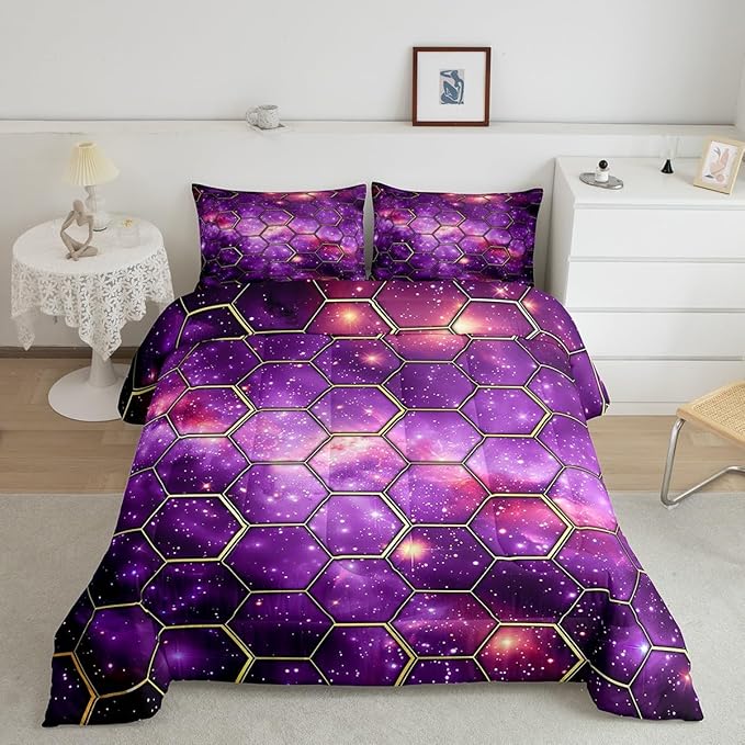Manfei Purple Galaxy Comforter Set Toddler Size, Geometric Hexagon Print Bedding Set 2pcs, Starry Sky Honeycomb Space Down Comforter for All Season, Kids Boys Girls Room Decor, 1 Pillowcase