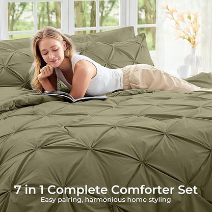 Sasttie King Size Comforter Set, 7-Piece Bed in a Bag, Pintuck Bedding Sets for All Season, Includes Comforter, Flat Sheet, Fitted Sheet, Pillowcases and Pillowshams, Olive Green