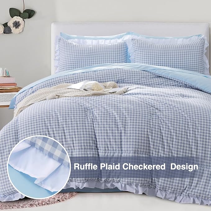 A Nice Night 5 Pieces Lightweight Soft Rustic Blue Ruffle Comforter, Plaid Checkered Chic Bedding Comforter Set for Queen Bed