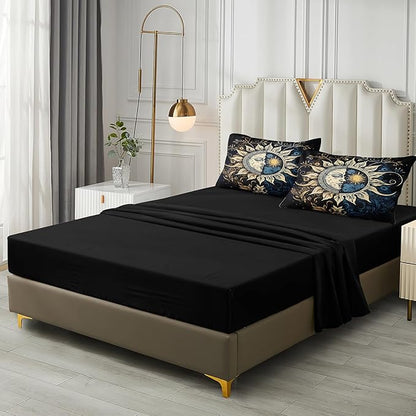 Sun and Moon Comforter Set Black Boho Bedding Set Celestial Galaxy Starry Space Bedding Comforter Mandala Exotic Black Bed in A Bag Full Size