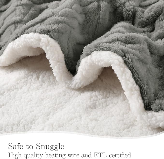 Heated Blanket Electric Throw 50''X60''-Fluffy Ultra Soft Electric Blanket with 3D Stylish Design, 240g Plus 200g Sherpa, 5 Heating Levels and 4 Hours Auto Off, Machine Washable, Gray