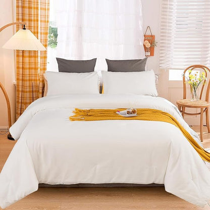 KAREVER White Velvet Comforter Set Full Flannel White Velvet Bedding Comforter Set 3 PCs Warm Soft Solid White Full Flannel Comforter Winter Blanket Set