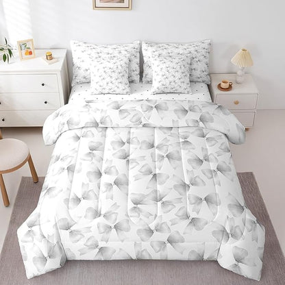 Feelyou Grey Bow Comforter Set with Sheets King Size Kids Bowknot 7 Pieces Bedding Set for Boys Girls Teens Gift for Girls Women Bed in a Bag Breathable Princess Décor Bed Set