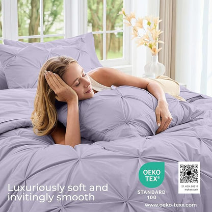 Sasttie Twin Comforter Set, 5-Piece Bed in a Bag, Pintuck Bedding Set for All Season, Includes Comforter, Flat Sheet, Fitted Sheet, Pillowcase and Pillowsham, Lavender