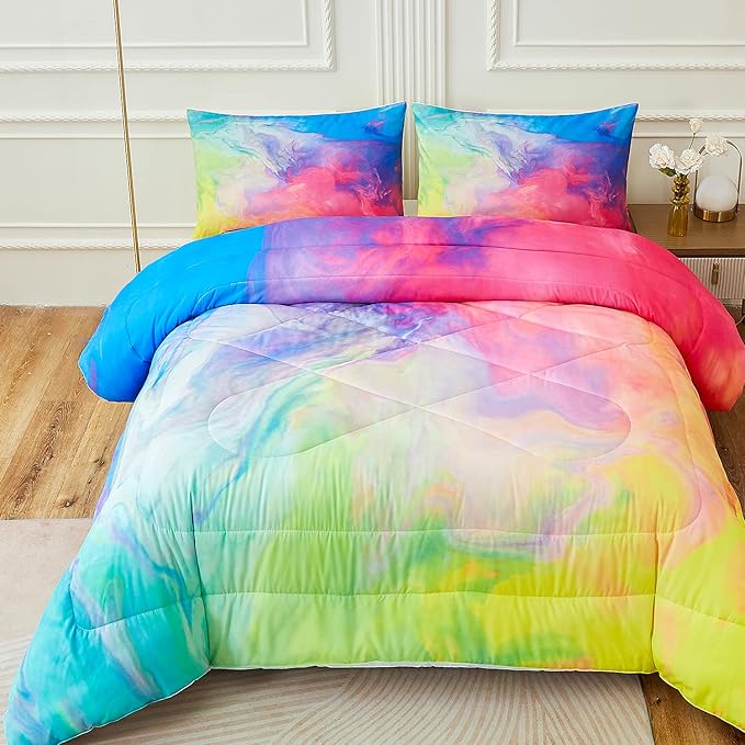 Rainbow Marble Comforter Sets,Texture in Rainbow Colors. Acrylic Painting with Bright Pink, Blue, Green and Yellow Colors.Decorative Bedding Comforter Sets with 2 Pillow Shams, Queen Size