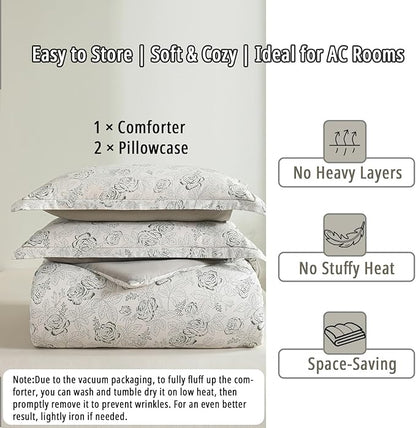 Vintage Botanical Cotton Comforter Queen Size 3PC - Elegant Floral Sketch on Ivory White with Tan Herringbone Reverse – Reversible Lightweight Comforter Set with Soft Fill(90"×90")