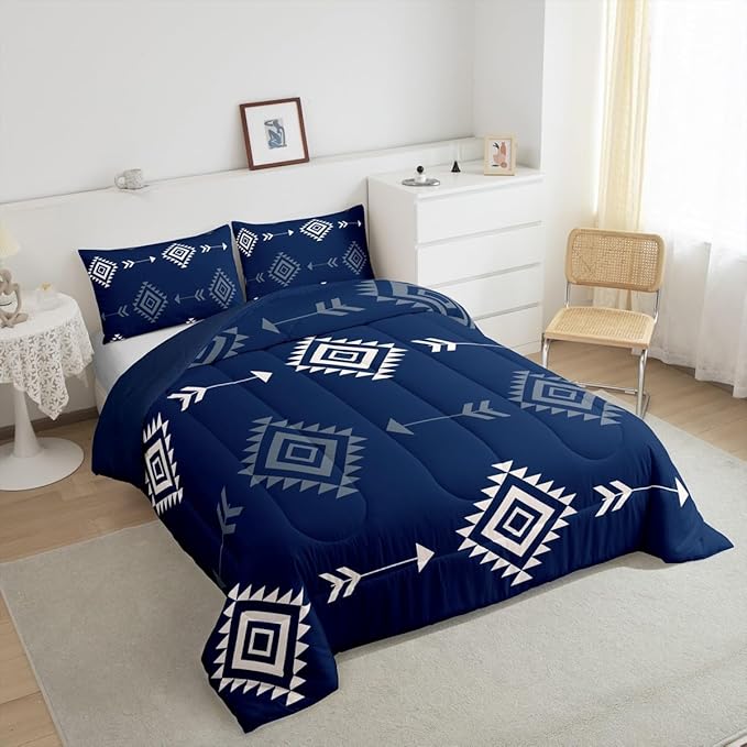 Feelyou Blue Western Bedding Set King Size Kids Southwestern Aztec Tribal Comforter Set for Boys Girls Bohemian Duvet Quilt