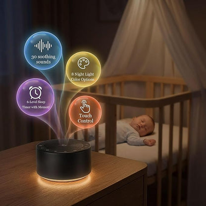 Kipcush White Noise Machine with Night Light – Nursery Sound Machine with Soft Non-Glare Lamp, 30 Soothing Sounds, 8 Color Lights, Up to 8-Hour Timer for Baby & Adults