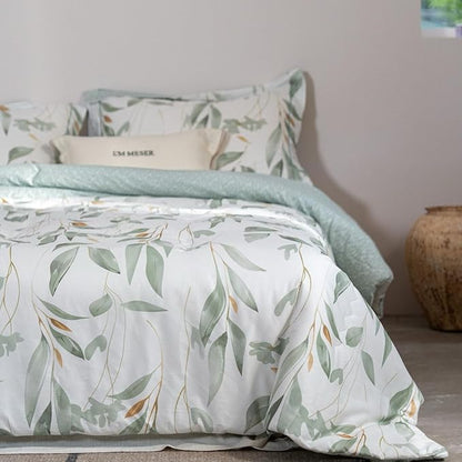 Cotton Comforter King Size Set – White Green Botanical Leaves Bedding, Soft & Breathable Comforter, All-Season Down-Alternative Filling, 1 Comforter & 2 Pillow Shams