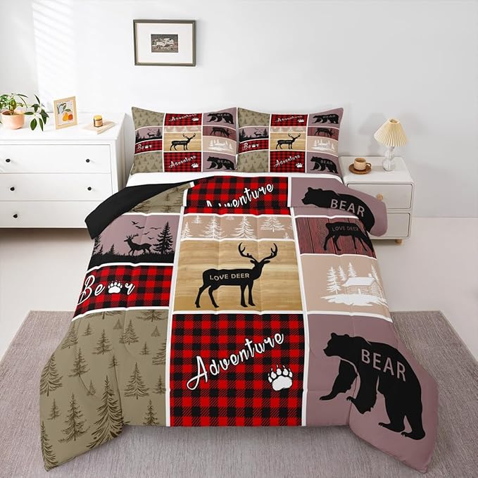 Rustic Farmhouse Bedding Set Full,Vintage Cabin Lodge Comforter Set For Kids Girls Teens Bedroom Decor,Woodland Bear Deer Quilt Western Cowboy Grid Claw Bedding Comforter Sets Cabin Gifts For Women