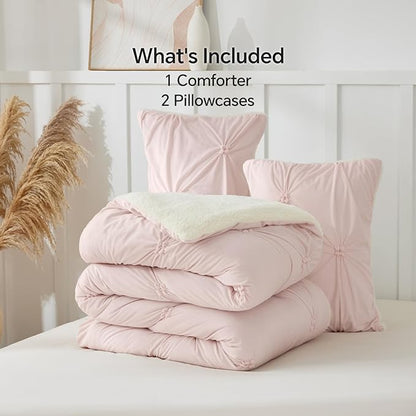 BEDELITE Pintuck Fluffy King Size Comforter Set - Super Soft Sherpa Pink Comforter for King Size Bed, Luxury Warm Bedding Set for Winter, Fuzzy Bed Set 3 Pieces (1 Comforter, 2 Pillowcases)