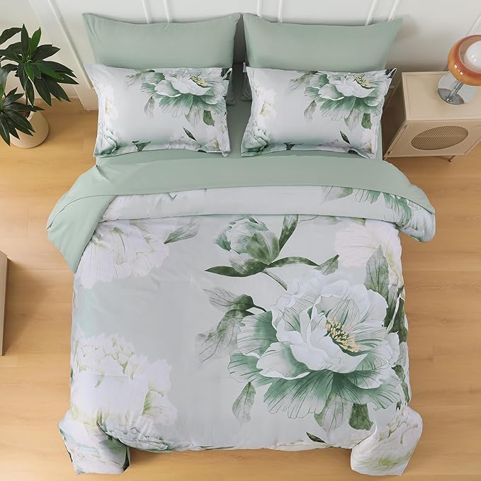 Dobuyly Floral Comforter Set Queen 7 Piece Bed in a Bag, Sage Green Reversible Comforter Set with Sheets, Soft Microfiber Botanical Flowers Summer Bedding Set for All Season