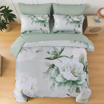 Dobuyly Floral Comforter Set Queen 7 Piece Bed in a Bag, Sage Green Reversible Comforter Set with Sheets, Soft Microfiber Botanical Flowers Summer Bedding Set for All Season