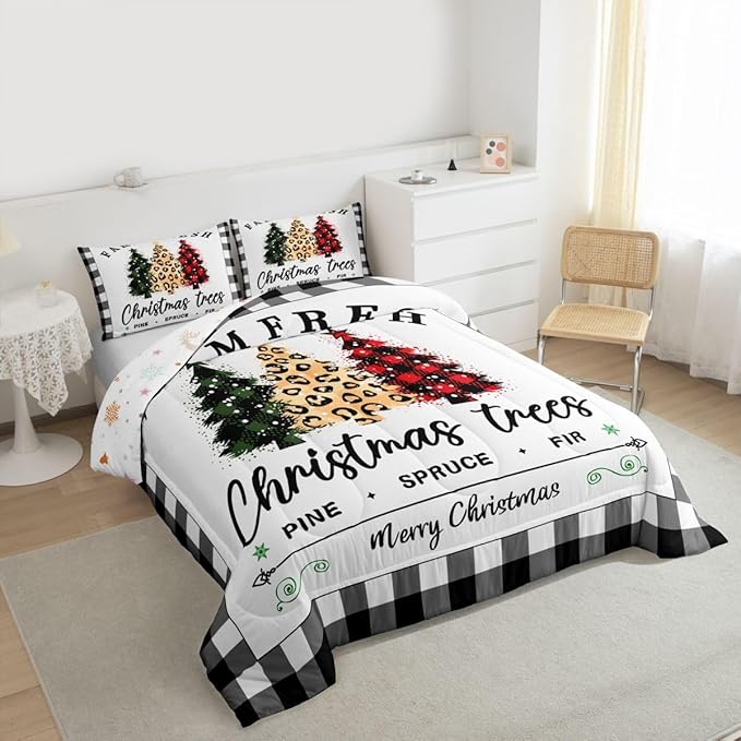 Christmas Plaid Tree Comforter Set Full Size,Black White Geometric Grid Bedding for Teens Women Home Room,Winter Snowflake Quilted Duvet Red Green Leopard Pine Bedspread 3pcs Christmas06