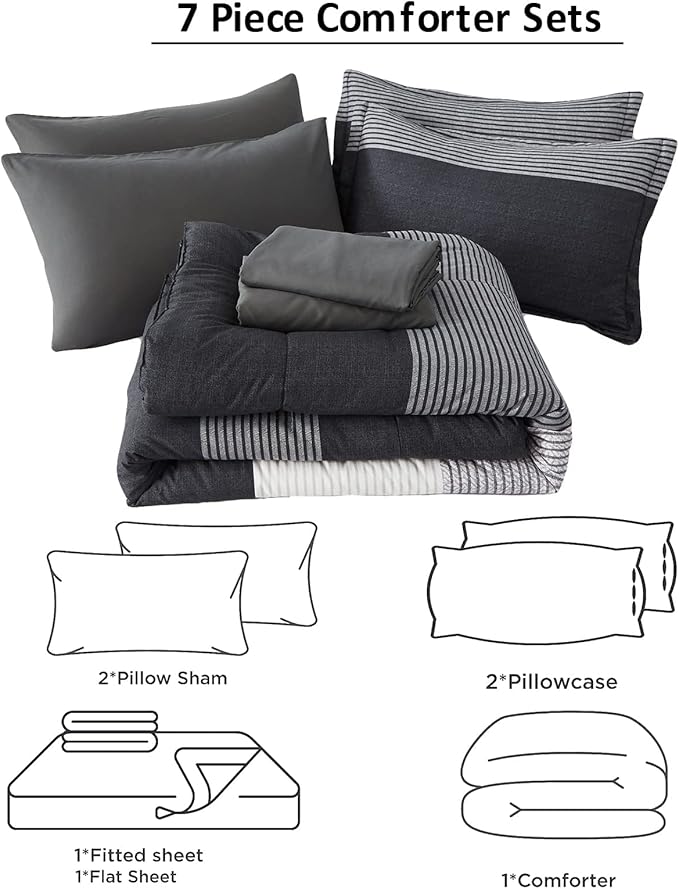7 Pieces Black Grey Striped Comforter King Size - Lightweight Bed in a Bag Bedding Comforters Set, All Season Microfiber Complete Bedding Set with Flat/Fitted Sheet, Pillowcases and Pillow Shams