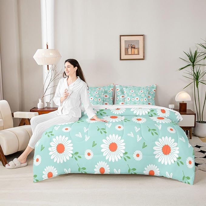 Feelyou Daisy Comforter Set with Sheets 7 Piece Twin Size Botanical Floral Printed Bedding Set for Kids Boys Girls Garden Plants Design Bed in a Bag Blue Room Decor Soft Lightweight Microfiber