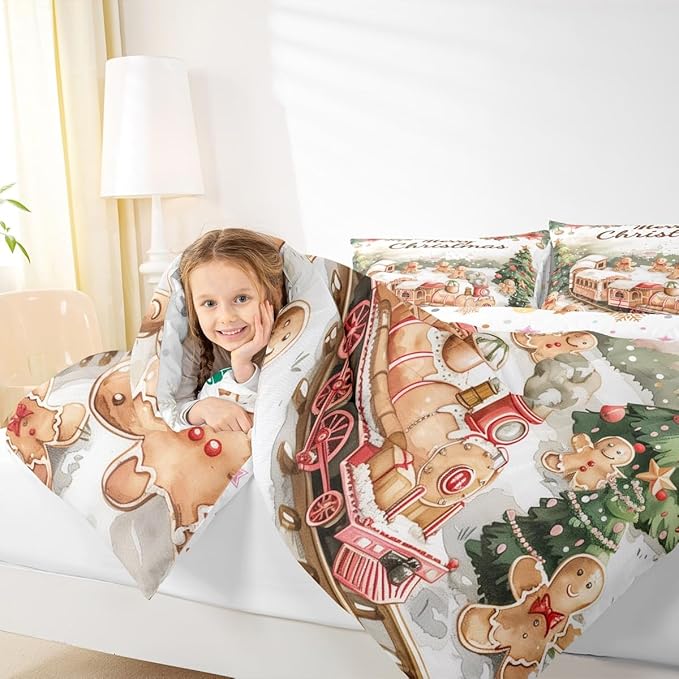 Christmas Train Bedding Sets Twin Size,Gingerbread Men Comforter Set 2Pcs for Kids Girls Boys Women Room Decor,Xmas Tree Quilted Duvet Merry Christmas Down Comforter,1 Pillowcase
