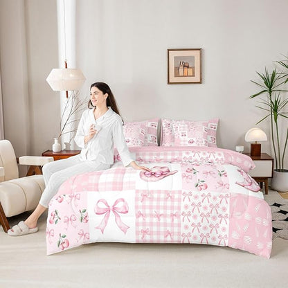 Feelyou Pink Bow Full Comforter Set with Sheets for Kids Boys Girls Cherry Prints 7 Pieces Bedding Set Cute Bowknot Bed in a Bag Kawaii Room Decor Soft Lightweight Microfiber