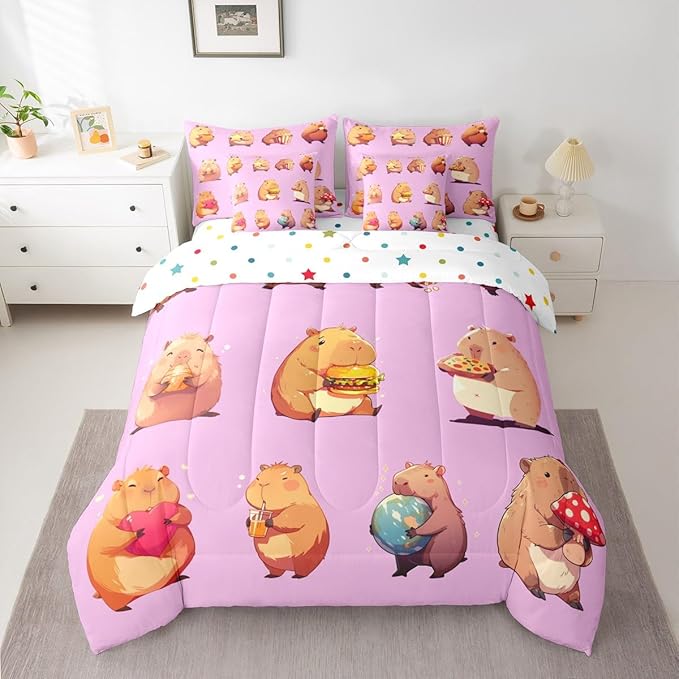 Erosebridal Funny Capybaras 7 Pieces Bedding Set Twin,Capybara Lover Bed in a Bag,Cartoon Rodents Bed Set Includes Comforter,Sheet Set,Pillowcases & Pillow Covers,Violet Khaki Capybara Bedroom Decor