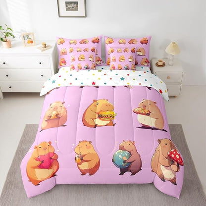 Erosebridal Funny Capybaras 7 Pieces Bedding Set King,Capybara Lover Bed in a Bag,Cartoon Rodents Bed Set Includes Comforter,Sheet Set,Pillowcases & Pillow Covers,Violet Khaki Capybara Bedroom Decor