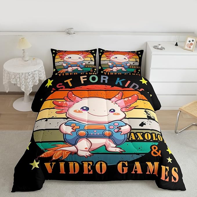Gamer Bedding Set Axolotl Comforter Set King, Video Games Gaming Down Comforter For Kids Boys Girls Teens, Rainbow Duvet Set, Cute Wildlife Animal Bedroom Decor, Pink Orange, With 2 Pillow Cases
