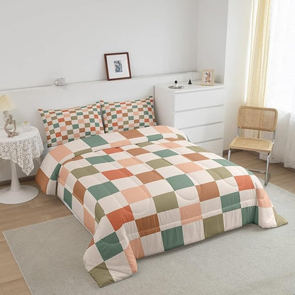 Feelyou Multicolored Checkered Retro Bedding Set Kids Boys Girls Geometric Vintage Comforter Set Full Size Ivory White Colorful Duvet Insert Modern Simple Groovy Aesthetic Room Decor