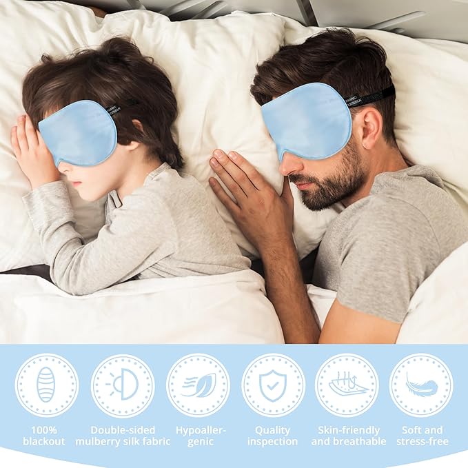 Silk Sleep Mask Eye Cover, 100% Real Natural Eye Mask for Sleeping with Adjustable Strap, 100% Silk Filling Blindfold, sleepmask for Kids/Teens/Adults, Sleeping Masks for Family (2 Blue)