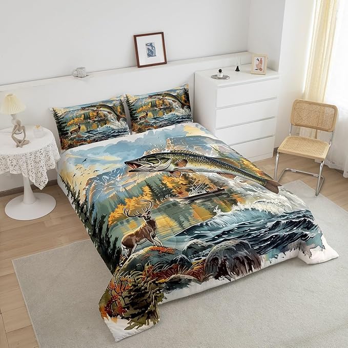 Erosebridal Bass Fishing King Comforter Set,Hunting Deer Bedding Sets for Kids Boys Men,Big Pike Fish Quilt Bed Set,Rustic Mountain Lake House Bedroom Decor,2 Pillowcases Lightweight
