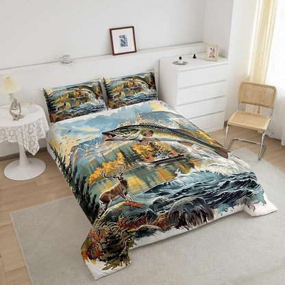Erosebridal Bass Fishing King Comforter Set,Hunting Deer Bedding Sets for Kids Boys Men,Big Pike Fish Quilt Bed Set,Rustic Mountain Lake House Bedroom Decor,2 Pillowcases Lightweight