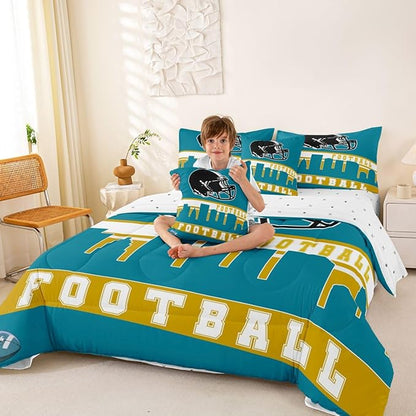 Erosebridal Football 7 Pcs Comforter Set King Football City Bedding for Kids Teal Football Fans Sheet Set Bed in A Bag Rugby Game Bedroom Decor Sports Ball Competition Bed Set