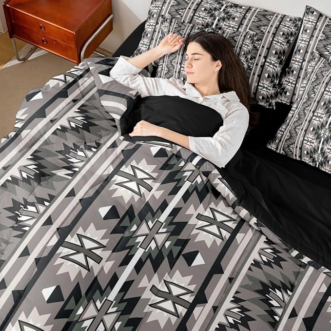 Erosebridal 7 Pcs Vintage Southwestern King Comforter Set with Sheets Rustic Western Aztec Bed in A Bag Boho Geometric Farmhouse Bedding Sets for Teens Teenager Exotic Tribal Nordic Style Bed Set