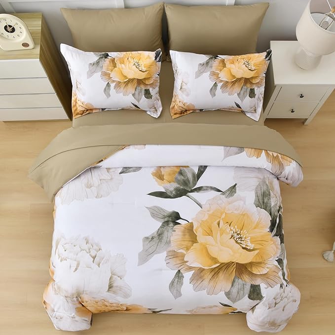 Dobuyly Yellow King Size Comforter Set 7 Piece Bed in a Bag, Yellow Floral Comforter Set with Sheets, Soft Microfiber Botanical Complete Bedding Set for All Season