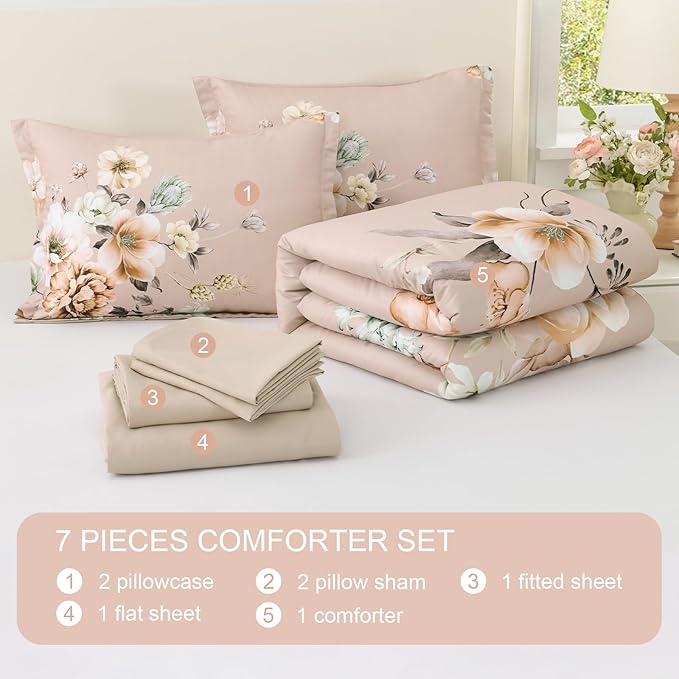 Floral Comforters Queen Size 7 Pieces Botanical Dusty Pink Flower Bed in a Bag Ulter Soft Microfiber Bedding Set, Lightweight Bed Comforter Set with Sheets for All Season (Dusty Pink, Queen)