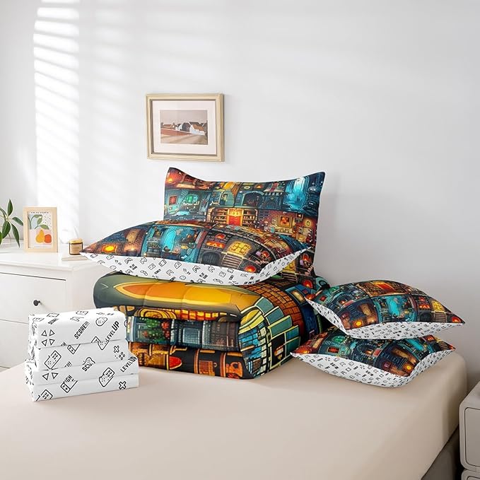 Sandbox Games 7Pcs Comforter Set Full Size,Pixelated Miner Theme Bedding Sets for Kids Boys Teens Room Decor,Block Patchwork City View Fitted Flat Sheet Building Gamer 2 Throw Pillow,2 Pillowcases